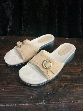NEW Rockport Nubuck & Leather Beige Slide Wedge Sandals/Sz. 8M